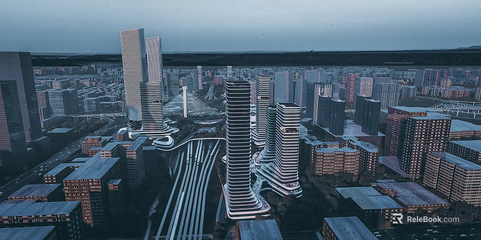 Modern Urban Cityscape With High Rise Buildings And Road Network Layout 3d model 