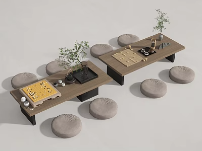 Traditional Wooden Tea Table And Chairs With Tea Sets Potted Plants And Round Cushions 3d model