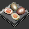 Marinated Chicken Eggs Sliced Open Showing Yolk On Black Square Plate 3d model
