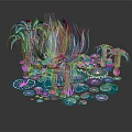 Vibrant Dreamy Futuristic Plants with Palm like Blue Green Purple Gradient Round Floating Water Leaves