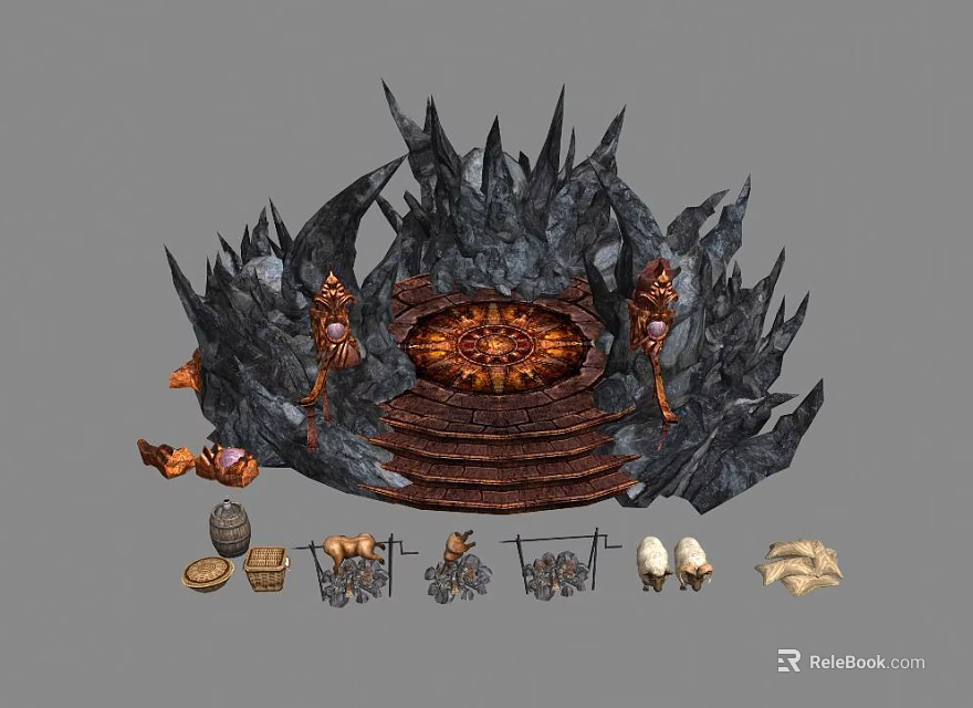 Mystical Ancient Altar Scene With Spiked Black Rocks Circular Platform And Decorative Artifacts 3d model 