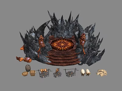 Mystical Ancient Altar Scene With Spiked Black Rocks Circular Platform And Decorative Artifacts 3d model