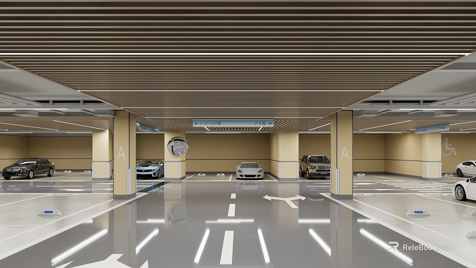 Modern Parking Garage Interior With Bright Lighting Floor Markings And Parked Cars 3d model 