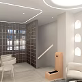 Modern Apartment Interior With White Chairs Coffee Table Circular Lights Arched Doorway Bed And Stools