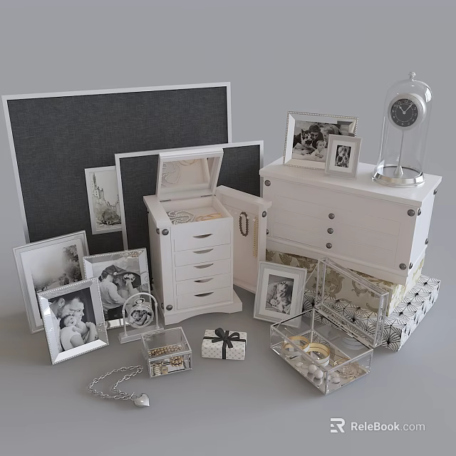 Stylish Decorative Ornament Set with Photo Frames Clock Glass Cloche Drawer Cabinet and Jewelry Boxes 3d model 
