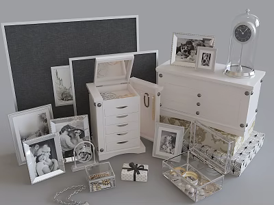Stylish Decorative Ornament Set with Photo Frames Clock Glass Cloche Drawer Cabinet and Jewelry Boxes 3d model
