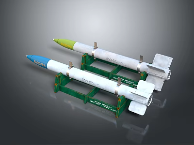 Two Military Missiles With Blue And Green Tips On Green Stands 3d model