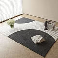 Square Black And White Carpet With Curved Pattern On Wooden Floor With Vase And Magazines