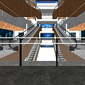 Modern Shopping Mall Lobby With Glass Railings Staircases Wooden Ceiling Panels And Blue Digital Screens