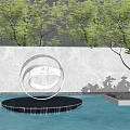 Transparent Spiral Sphere Sculpture On Circular Base With Trees And Gray Wall Reflection