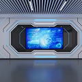 Futuristic Tech Room Interior With Large Digital Screen And Blue Interface