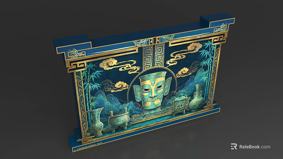 Traditional Chinese Style Photo Spot With Blue Gold Decorations Cloud Patterns Bamboo And Mask 3d model 