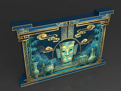 Traditional Chinese Style Photo Spot With Blue Gold Decorations Cloud Patterns Bamboo And Mask 3d model