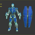 Futuristic Game Movie Character In Blue Mechanical Armor With Shield Accessory