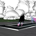 Garden Ornaments With Pink Deer Sculptures In Square Water Pool And Paved Ground