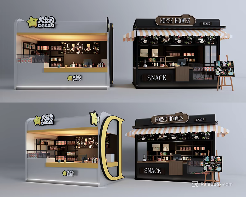 Stylish HOSPHOUSES Snack Stall Featuring Transparent Window Light Strips And Product 3d model 