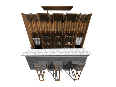 Stylish Bar Counter With Marble Top Wooden Panel Back And Metal Bar Stools 3d model