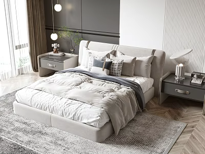 Modern Double Bed With Plush Pillows Side Tables Lamps Gray Wall And Area Rug 3d model