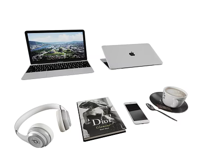 Apple Silver Laptops Open and Closed with Headphones Smartphone Coffee Cup and Book 3d model