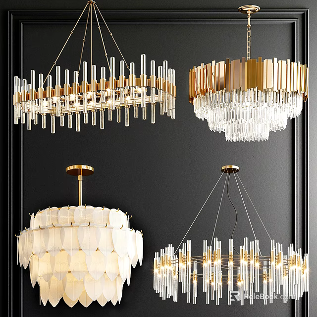 Modern Luxury Chandeliers With Crystal Drops Golden Metal Frames And Glass Tube Designs 3d model 