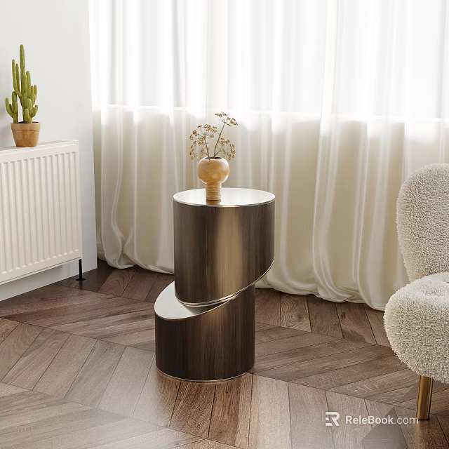 Spiral Design Wooden Side Table With Two Tier White Top And Vase In Living Room 3d model 