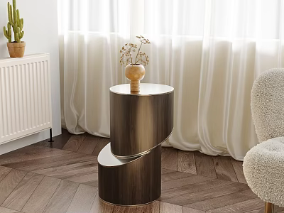 Spiral Design Wooden Side Table With Two Tier White Top And Vase In Living Room 3d model