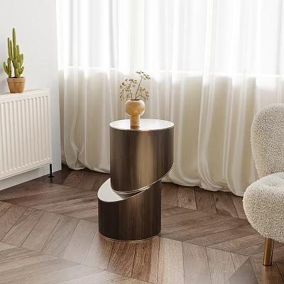 Spiral Design Wooden Side Table With Two Tier White Top And Vase In Living Room 3d model