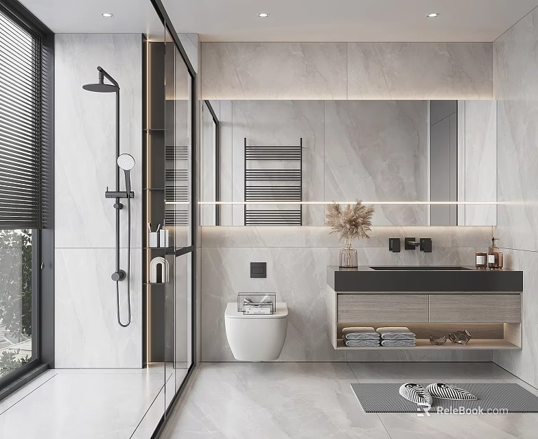 Modern Bathroom Interior With Glass Shower Marble Walls Large Mirror Vanity And Wall Mounted Toilet 3d model 