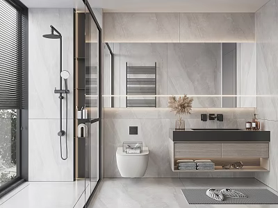 Modern Bathroom Interior With Glass Shower Marble Walls Large Mirror Vanity And Wall Mounted Toilet 3d model