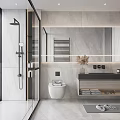 Modern Bathroom Interior With Glass Shower Marble Walls Large Mirror Vanity And Wall Mounted Toilet