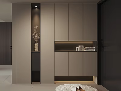 Modern Shoe Cabinet Interior Design With Lighting Decorative Vase And Storage Shelf 3d model