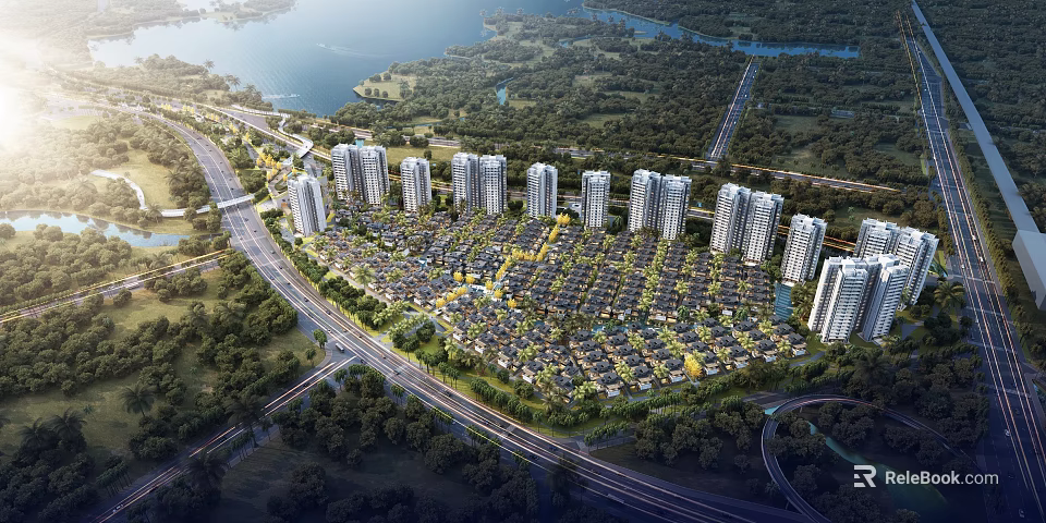 Aerial Planning of Residential Community with High rise Low rise Buildings Green Spaces River Roads 3d model 