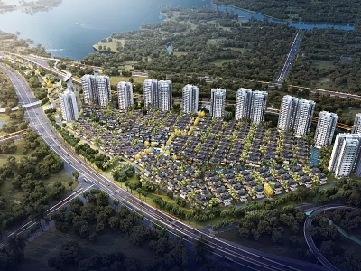 Aerial Planning of Residential Community with High rise Low rise Buildings Green Spaces River Roads 3d model