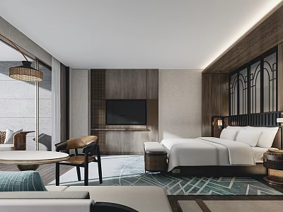 Elegant Modern Hotel Guest Room Interior Design With Wooden Accents TV Bed And Patterned Carpet 3d model