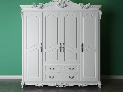 Ornate White Wardrobe With Carved Ornaments Against Green Wall And Functional Bottom Drawers 3d model
