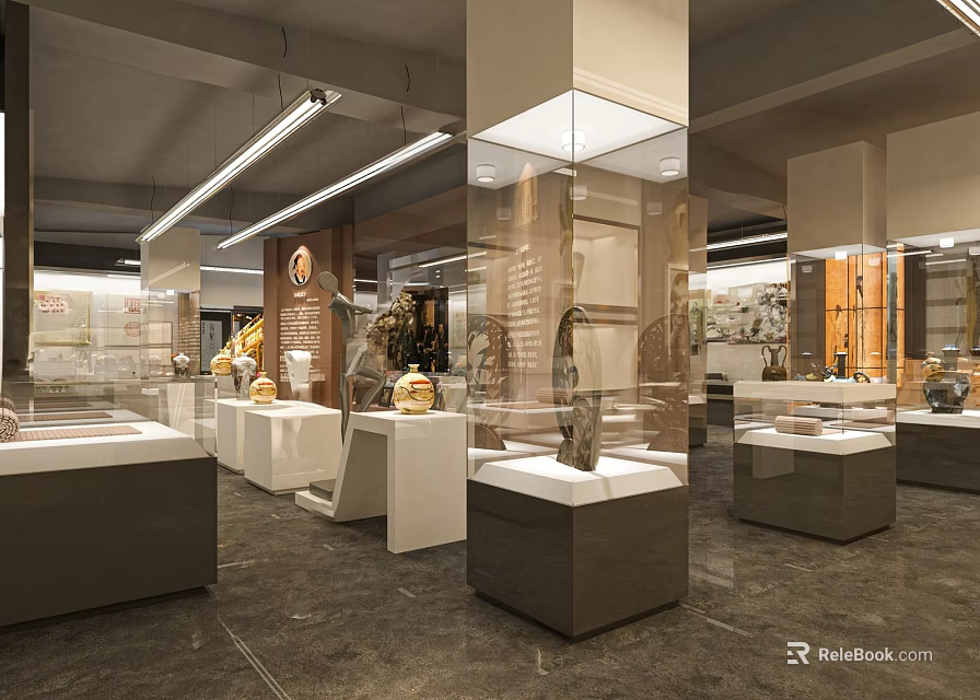 Modern Exhibition Hall With Glass Display Cases White Pedestals And Artifacts Exhibits 3d model 