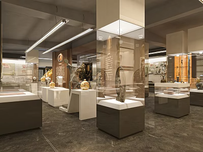 Modern Exhibition Hall With Glass Display Cases White Pedestals And Artifacts Exhibits 3d model