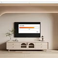 Beige Modern TV Stand With Black TV Arched Wall Green Plants And Decorative Items