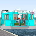Floating Blue Container Homestay Building Featuring Green Roof Cylindrical Structure And Waterfront Staircase