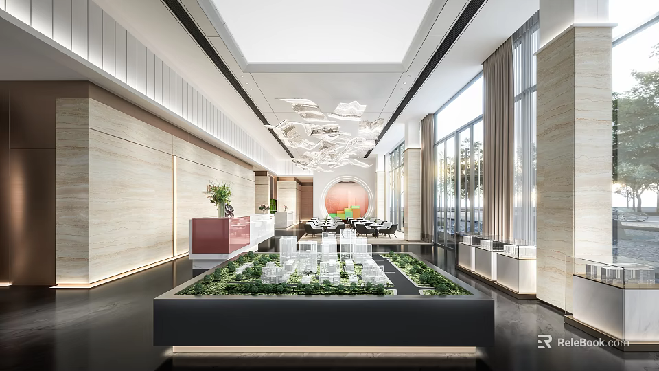 Sales Office Modern Interior With Model Display Greenery And Large Windows 3d model 