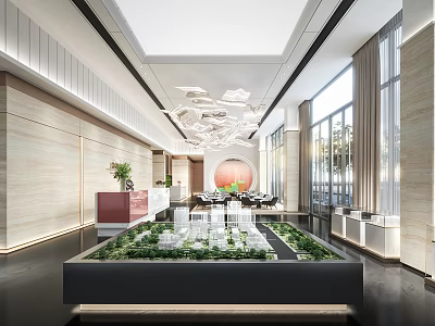 Sales Office Modern Interior With Model Display Greenery And Large Windows 3d model