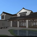 Traditional Chinese Detached Villa with White Walls Black Tiles Large Glass Windows and Courtyard Pond