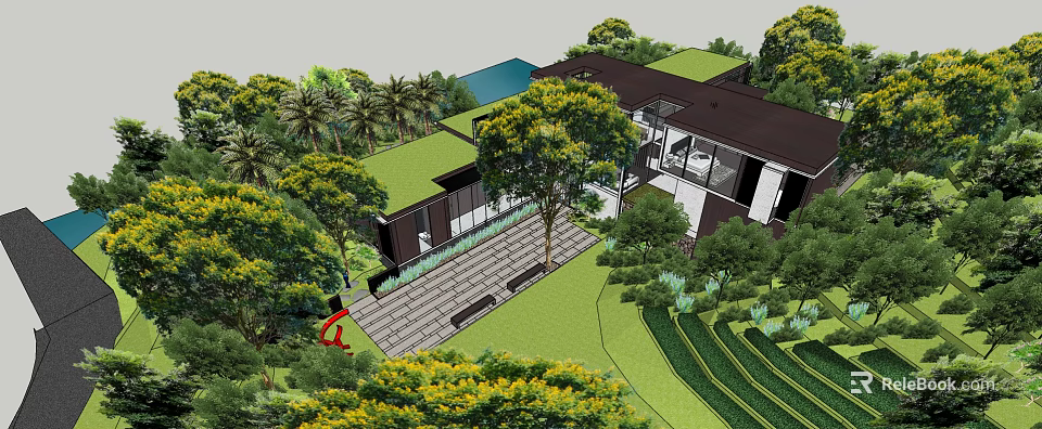 Modern Detached Villa With Green Roof Surrounded By Lush Trees And Stone Pathway 3d model