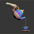 Colorful Ceramic Teapot Being Poured by Hand Into Stylish Teacup with Saucer for Daily Use