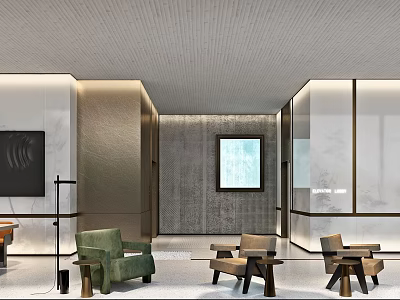 Modern Office Interior With Green Accent Chair Brown Armchairs And Wall Paintings 3d model