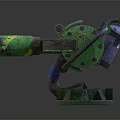 Green Mechanical Weapon with Rusty Barrel Yellow Markings and Turret Structure 3d model