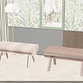 Modern Wooden Benches With Simple Design In Interior Featuring Herringbone Floor And Wallpaper