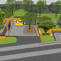 Modern Park Landscape with Orange Structures Swings Trees and Greenery Paths 3d model