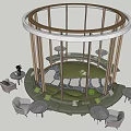 Modern Hotel Public Lounge Area With Circular Glass Structure Grass Pathway And Seating