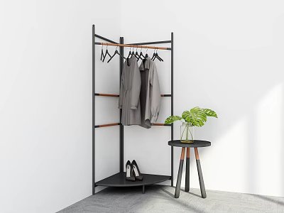 Black Triangular Clothes Rack With Gray Coats Black High Heels And Green Plant 3d model